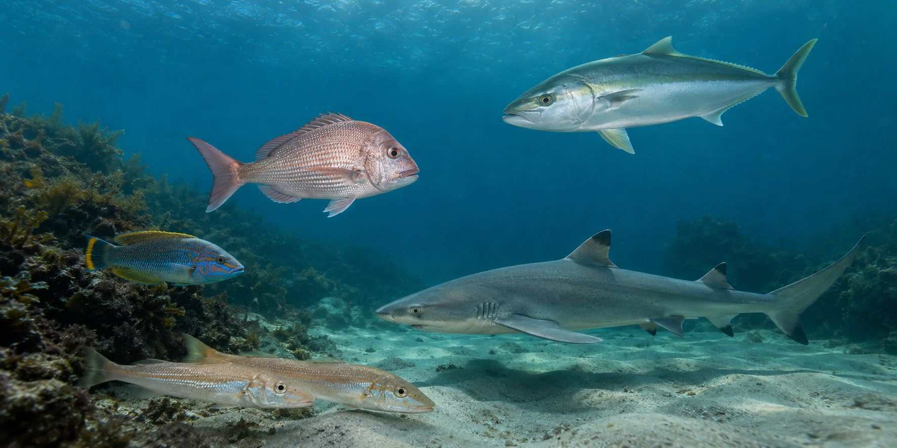 Snapper, kingfish, blue-throated wrasse, King George whiting and gummy shark underwater
